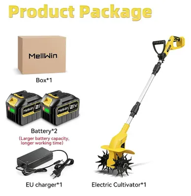 Image de Fraise rotative électrique pour sol - Cultivateur de jardin - 1600W, 1000 tr/min - Largeur de travail 22 cm, profondeur 16 cm - Lames de 160 mm - Livré avec 2 batteries de 4,5 Ah