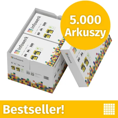 Zdjęcie produktu dla NOWOŚĆ: Infowerk Papier do drukarek i kopiarek, 5000 arkuszy, 10 x 500, A4, Premium, ekstra biały, CIE 160, Zwycięzca testów, Certyfikat PEFC