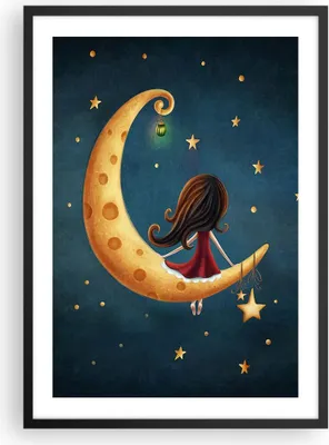 Produktbild von Gerahmtes Poster - Schwarzer Rahmen - Kinder Mädchen Mond - 50x70 cm - Wand Bild - Wanddeko - Wandbilder - Kunstposter - Wandposter - Bilderrahmen - Bilder - Kunstdruck - P2BPA50x70-4683