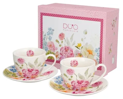Produktbild von DUO | Tasse - Kaffeetasse - 2er Set - Teetassen und Untertassen - 270 ml - aus Porzellan - Blumenmotiv - Juni