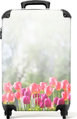 Image de NoBoringSuitcases.com® Valises à roulettes pour cabine, petites valises de voyage à 4 roulettes - Tulipes - Fleurs - Rose - Lumière du soleil - Printemps - Format cabine < 55 x 40 x 23 cm et 55 x 40 x 20 cm - Valise photo - Valise cabine - Bagage à main Valise 55x35x20 cm, 36 L,