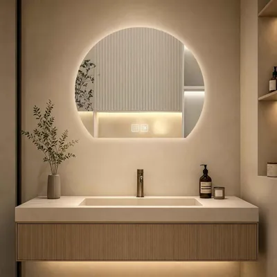 Image de Miroir de salle de bain LED, miroir mural avec interrupteur tactile, anti-buée, variateur d'intensité, lumière tricolore, verre argenté sans cuivre de 5 mm, forme incurvée, couleur argent, dimensions 60x53 cm