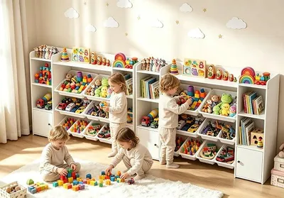 Produktbild von Kinder Aufbewahrungsregal [2er-Set] Fuer Spielzeug & Buecher, Grosser Spielzeugorganizer mit 16 Kunststoffboxen, Stabiles Kindermoebel Weiss 139x30x95 cm
