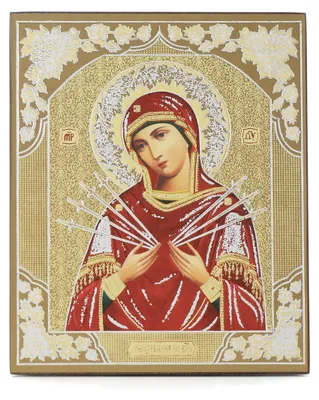 Holz-Ikone Mutter Gottes Sieben Pfeile 10x12 cm