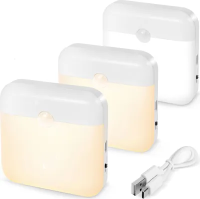 Produktbild von 3 Stück LED Nachtlicht Aufladbar Dimmbar Warmweiß und Kaltweiß mit Bewegungsmelder und Dämmerungssensor für Treppe, Schlafzimmer, Flur