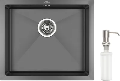 A dark gray stainless steel kitchen sink with a drain and a soap dispenser next to it.