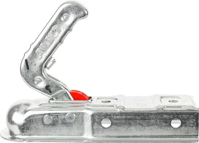 A close-up, studio shot of a trailer hitch coupling mechanism.