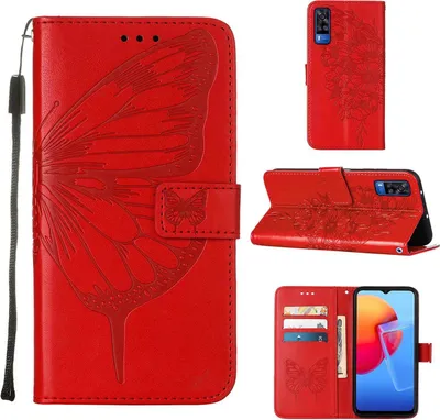 Obrázek produktu pro VIVO Y51 2020 Pouzdro, Motýlí Reliéf Flip Kožené Pouzdro s Kapsami na Karty a Stojánkem pro VIVO Y51 2020 / Y31 2021 / Y51A / Y53s 4G) červené