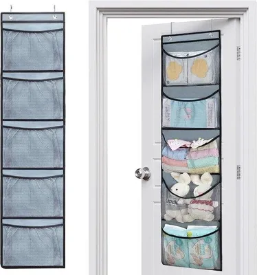Produktbild von Unyqoos® Hängender Tür-Organizer mit 5 großen Netzfächern, 32,5×130,5 cm, 4 Metallhaken (3,5–4,2 cm), elastische Ränder, faltbar