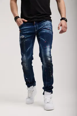 Immagine prodotto di Jeans da uomo modello slim fit, colore blu scuro con effetto splatter colorato