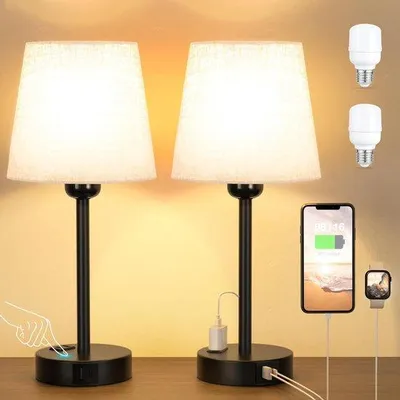 Produktbild von Doppel-Lampe, Touchdimmer, 2er-Set, Tischlampe mit Ladefunktion, USB-A- und C-Anschluss, Steckdosen, 2 LED-Lampen, Leinenlampe, kleine Nachtlichtlampe für Schlafzimmer, Wohnzimmer, Kinderzimmer