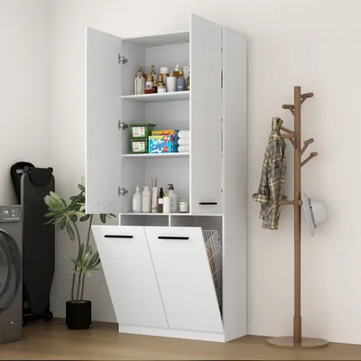 Produktbild von 4-türiger weißer Badezimmerschrank mit integriertem Wäschekorb und zwei separaten Klappen,Stauschrank,Wäscheschrank,Schmutzwäschekorb,MDF,35*80*200 cm