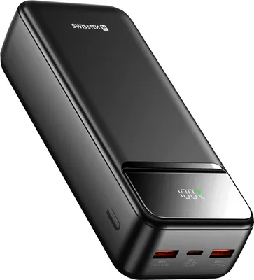Produktbild von Swissten, Externer Akku 30000mAh mit USB-C und 2 USB LED-Anzeige Kompakt, Schwarz