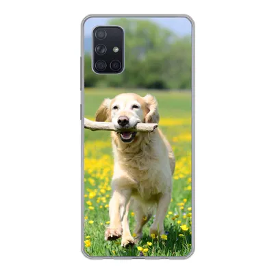 Produktbild von MuchoWow® Handyhülle Schutzhülle Hülle für Samsung Galaxy A71 Golden Retriever mit einem Zweig im Maul zwischen gelben Blumen Silikon Softcase Handy Hülle - Kartenbesitzer