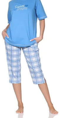 Produktbild von Normann Damen kurzarm Capri-Pyjama Shorty – Elegante Karo-Optik – auch in Übergrößen ; blau , 48