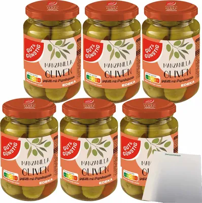 Produktbild von Gut & Günstig Gefüllte Manzanilla Oliven entsteint gefüllt mit Paprikapaste 6er Pack (6x340g Glas) + usy Block