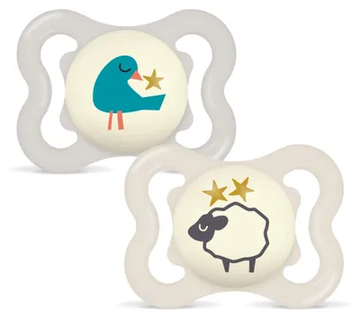 Produktbild von MAM Supreme Night Schnuller, 0-6 Monate, 2 Stück, SkinSoft Silikon, Vogel/Schaf, 94% Akzeptanz