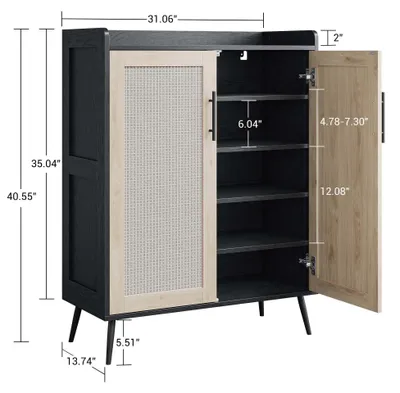 Image de Meuble de rangement pour chaussures en imitation rotin - Armoire à chaussures autoportante et étagère à chaussures - Bois, étagères réglables, portes - Idéal pour l'entrée, la chambre, le salon - Noir