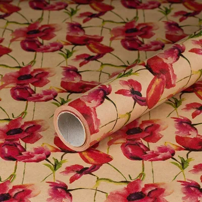 Image de Papier cadeau « Fleurs de pavot », 0,70 x 10 m, papier kraft - Papier d'anniversaire