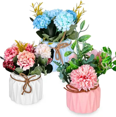 Imagen del producto de Flores artificiales de hortensias, juego de 3 unidades, en jarra de cerámica, decoración para mesas en celebraciones
