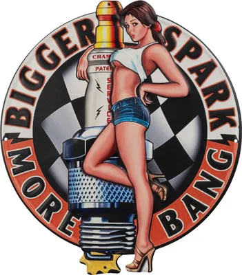Obrázek produktu pro Moritz plechová cedule 35 x 40 cm zapalovací svíčka pin up žena motor závodního auta dekorace kovová cedule retro vintage retro výroky vtipné