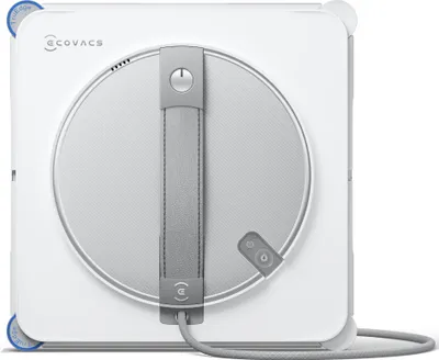 A white window cleaning robot with a gray handle and cord, shown from a top-down perspective against a white background.