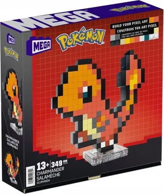 The image shows the packaging of a MEGA Pokémon Charmander pixel art building set.