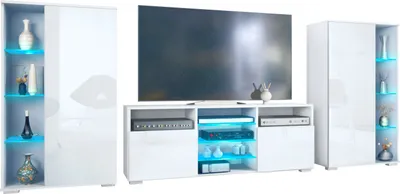 Produktbild von Vladon Wohnwand Davos, Anbauwand bestehend aus 2 Vitrinen und 1 TV-Board, Weiß matt/Weiß Hochglanz inkl. LED-Beleuchtung (329 x 134 x 35 cm)