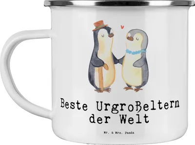 Produktbild von Mr. & Mrs. Panda Emaille Becher Pinguin Beste Urgroßeltern der Welt - Weiß - Geschenk, Teetasse, Oma, Tasse, Geschenkidee, Omi, emaillebecher, Geburtstag, Großeltern