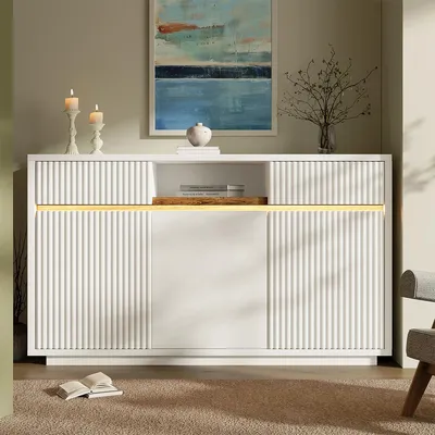 Produktbild von Sideboard mit LED, 2 Schubladen und 3 Türen Aufbewahrungsschrank Wohnzimmerschrank 140x40x85 cm Weiß
