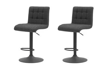 Two dark gray bar stools with adjustable height and swivel bases are shown against a white background.