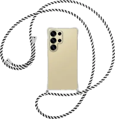 Produktbild von Handykette Backcover-Schutzhülle mit Band (Metall silberfarben) für Samsung S25 Ultra - schwarz/weiß gestreift