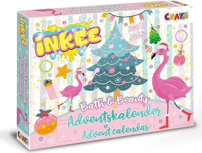 A colorful advent calendar box with a Christmas theme, featuring flamingos and a Christmas tree.