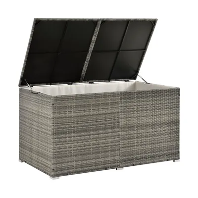 Obrázok produktu pre Polyratanový úložný box Ikaria 200202, záhradný box, 950 l, s vekom a vnútornou plachtou, na vankúše, sivý, 145 x 82,5 x 79,5 cm