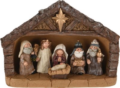 Weihnachtskrippe aus Kunststein mit 6 bemalten Figuren - 18 cm - Krippenstall für Weihnachts Tisch Dekoration – Advent Weihnachtsdeko Tischdeko Weihnachten Deko Krippe