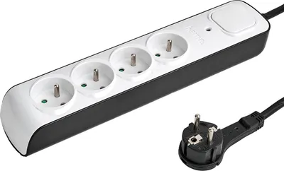 A white and black power strip with four outlets and a plug is shown against a white background.