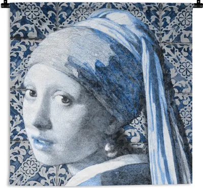 Produktbild von MuchoWow® Wandteppich Wandbehang Mädchen mit Perlenohrring - Johannes Vermeer - Delfter Blau 90x90 cm Tapisserie Dekoration Wandtuch - Wandaufhänger