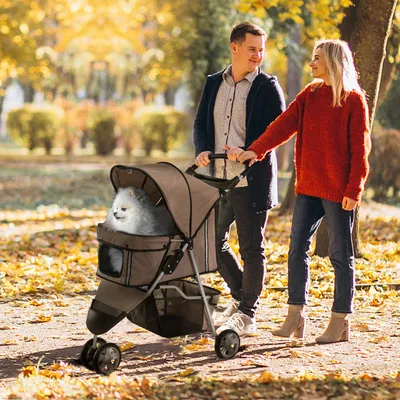 Produktbild von Hundebuggy klappbar für Hunde & Katzen, Hundewagen Katzenwagen Polyester-Stahl, Kaffee | 75 x 45 x 97 cm | bis 10 kg | Netzfenster & Reflektoren