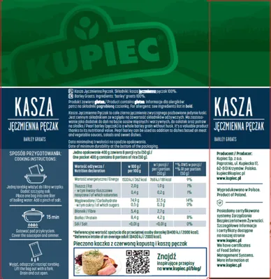 Zdjęcie produktu dla Kupiec Kasza Jęczmienna Pęczak Naturalna Polska Wysoka Jakość 4x100 g