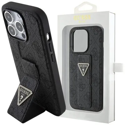 Produktbild von Guess Grip Stand 4G Triangle Strass Logo - iPhone 15 Pro Max Hülle (Schwarz)