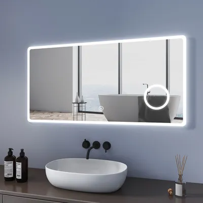 Produktbild von Meykoers LED Badspiegel 120x60cm Rechtecke Badezimmerspiegel mit Touchschalter & Beleuchtung 3 fache Vergrößerung, 6500K Kaltweiß, IP44 energiesparend