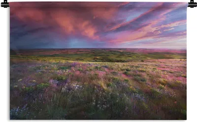 Produktbild von MuchoWow® Wandteppich Wandbehang Sonnenuntergang - Blumen - Heidekraut 60x40 cm Tapisserie Dekoration Wandtuch - Wanddekorationen