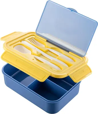 Produktbild von Bento Lunchbox mit 3 Fächern - 1400ml, inklusive Besteck - für Erwachsene - geeignet für Schule, Arbeit und Picknick - mikrowellengeeignet