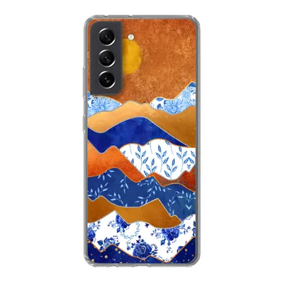 Produktbild von MuchoWow® Handyhülle Schutzhülle Hülle für Samsung Galaxy S21 FE Delfter Blau - Gold - Blumen Silikon Softcase Handy Hülle - Mobiltelefonhülle