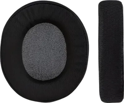 Two black ear pads for headphones are shown against a white background. One ear pad is shown from the front, and the other is shown from the side.