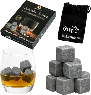 Image de Blocs de refroidissement pour whisky - Coffret de 9 pièces - Gris - En pierre de schiste naturelle - "On the Rocks" - Pierres de refroidissement avec un sac en tissu pratique