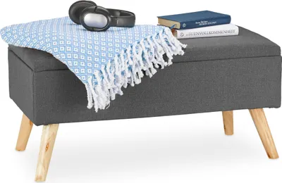 Produktbild von Relaxdays Sitzbank mit Stauraum, gepolstert, Holzbeine, Truhenbank Stoffbezug, H x B x T: 39,5 x 79,5 x 39,5 cm, grau