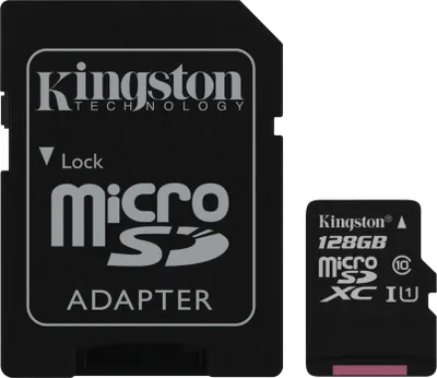 Produktbild von Kingston Technology Canvas Select 128GB micSDXC Plus 100R A1 C10 Speicherkarte + Adapter, 128 GB, MicroSDXC, Klasse 10, UHS-I, 100 MB/s, Class 1 (U1)