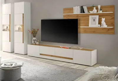 Produktbild von Wohnwand "Center" weiß und Wotan Eiche, Set 4-teilig 400 cm mit XXL TV Lowboard