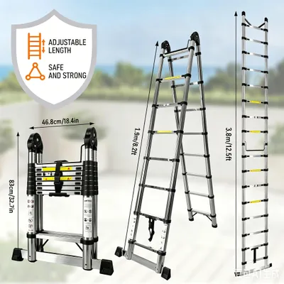 Produktbild von Teleskopleiter - A-Leiter 3,8 m - Edelstahl - EN131 - 150 kg Tragkraft - klappbar mit Traverse - rutschfest für Innen und Außen